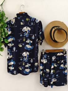 Set Of Men's Shirts And Shorts With Hawaiian Print, Summer Beach, Short Sleeves, Viscose With Elastane, Shrinks A Little - 藍色 - 查看 2