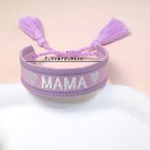 1pc Embroidered "MAMA" Heart Boho Tassel Braided Bracelet - Purple - View 7