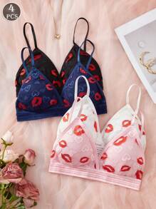 4PCS Ladies Sexy Two-Color Lace Bikini Cute Bra, Lip Print, Detachable Chest Pad, Comfortable Wireless Bra Underwear.