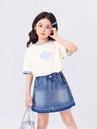  Maglietta a maniche corte per ragazze giovani, top estivo alla moda con colori a contrasto e mezze maniche, pelle delicata, morbido e traspirante, Zosee