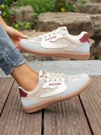 女士休闲运动鞋，2025春秋新款拼色设计平底鞋，适合日常通勤，舒适百搭简约小白鞋，学生鞋，时尚低帮训练鞋，复古阿甘风格