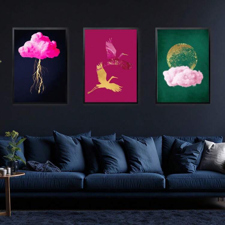 1 pieza Impresión maximalista de nubes | Arte de pared de grúa | Nube verde esmeralda y luna rosa | Arte de pared de lienzo de nube rosa intenso | Para sala de estar, dormitorio, baño, oficina y otras decoraciones del hogar, sin marco - Multicolor - Añade 2