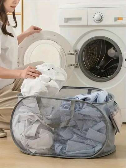 Foldable Clothes Storage Hamper With Reinforced Carry Handles, Side Pocket, Collapsible Mesh Laundry Basket