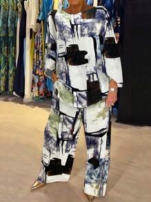 Women Summer Casual Round Neck Random Print Blouse And Wide Leg Pants Two Pieces Sets - Multicolor - View 1