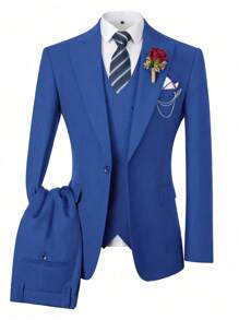 Men's 3 Pieces Suits Set For Men Royal Blue Fashion Slim Fit Prom Peak Lapel Blazer Double Breasted Vest Pants Elegant Set Business Party Wedding Holiday Size XS-3XL Fall Winter Clothes For Men - 寶藍色 - 查看 3