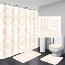 1pc/4pcs Bohemian Multifunctional Bathroom Decor Set: Waterproof Shower Curtain With 12 Hooks, Non-Slip Bath Mat, U-Shaped Floor Mat And Round Toilet Seat Cover, Applicable For Full Bathroom Scenarios