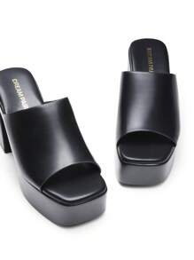 Women Minimalist Chunky Mule Heeled Sandals, Comfortable Platform Slip On Open Toe Block Summer Heeled Sandals - 黑色 - 查看 3