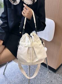 1pc Nylon Drawstring Design Women Shoulder Bag, Versatile For Daily Use, Sports Style, Foldable, Adjustable Strap, Multiple Pockets, Lightweight & Fashionable - White - View 2