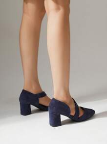 2025 New Korean Elegant Lady Mary Jane Shoes, Velvet Blue, Buckle Strap & Elastic Band Design, Fashionable Chunky Heel Ladies Pumps - Navy Blue - View 6