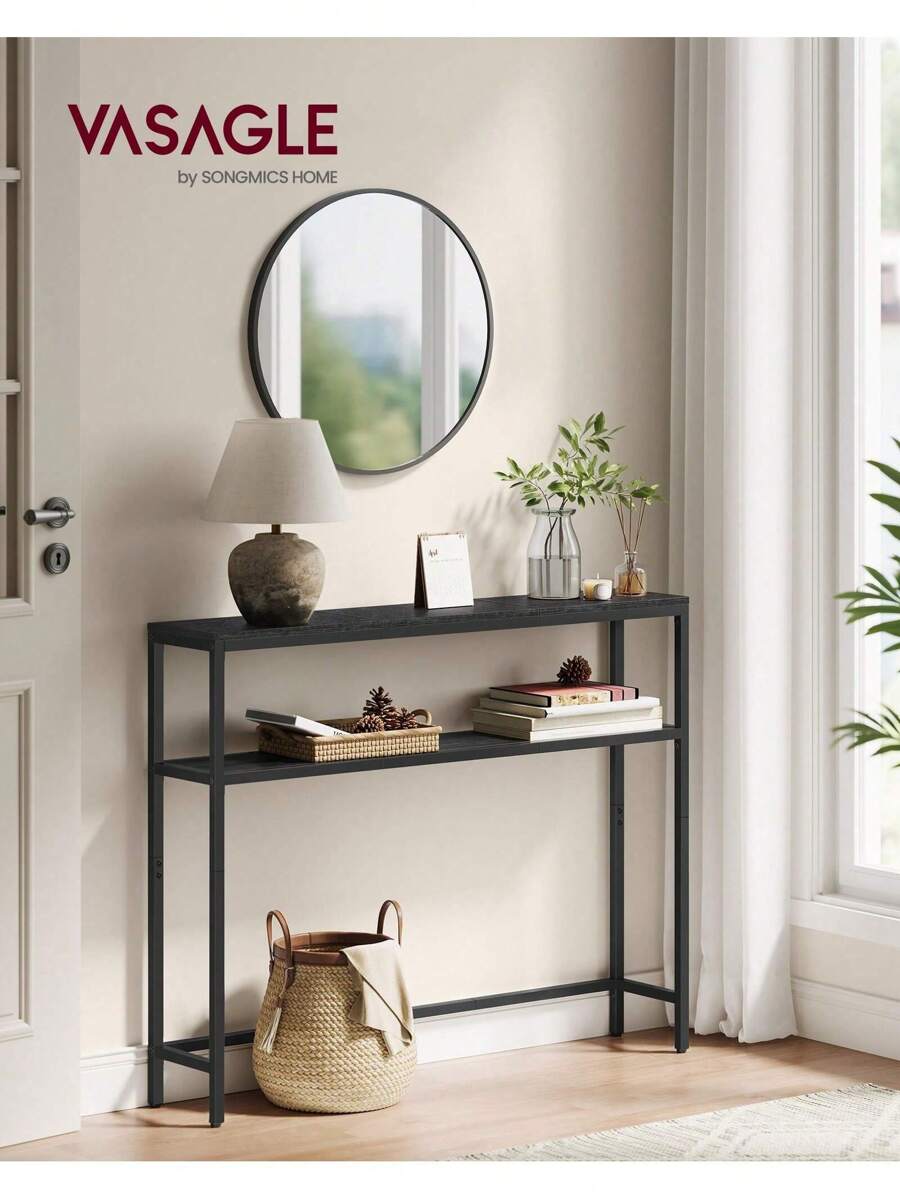 VASAGLE Mesa de Consola, Mesa Auxiliar Estrecha, 20 x 100 x 80 cm, Mesa de Entrada Moderna con 2 Estantes, para Sala de Estar, Dormitorio, Gris Carbón y Negro Tinta - Negro - Ver 1
