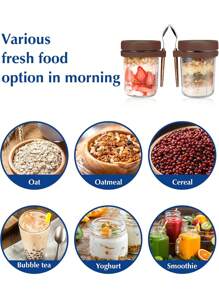 Frascos de avena de 16 oz para dejar reposar durante la noche con cuchara y tapa, recipiente hermético para avena con marcas de medición, frascos Mason con tapa para contenedores de cereales para llevar - Café marrón/1 pieza - Ver 6