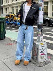 Heren lichtblauwe gewassen vintage streetstyle losse pasvorm rechte pijp jeans