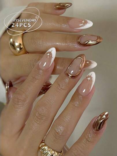 24 Pieces Of Medium Almond Shaped Press On Fake Nail Patches, White With Gold Border Collision Ribbon And Rhinestones, Sweet And Cool French Style Women'S Nail Patches, Fingertips, Matched With 1 Piece Of Jelly Glue And 1 Piece Of Rubbing Strip, Suitable For Women'S Parties, Dances, Daily Casual Wear, Detachable And Reusable Wear Press On Nails Nail Supplies Nails