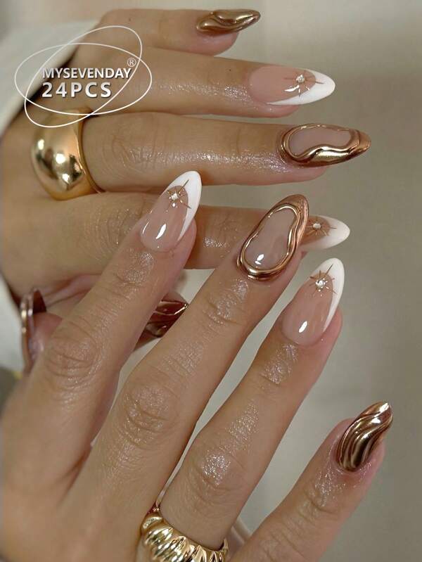 24 Pieces Of Medium Almond Shaped Press On Fake Nail Patches, White With Gold Border Collision Ribbon And Rhinestones, Sweet And Cool French Style Women's Nail Patches, Fingertips, Matched With 1 Piece Of Jelly Glue And 1 Piece Of Rubbing Strip, Suitable For Women's Parties, Dances, Daily Casual Wear, Detachable And Reusable Wear