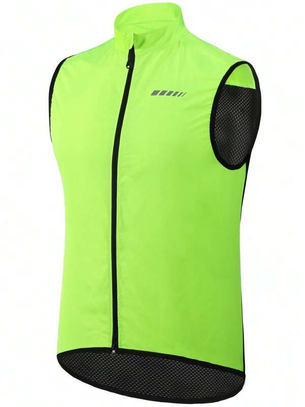 Qualicos Men's Lightweight Windproof Cycling Vest - Bright Neon Green Breathable Sleeveless Jacket With Mesh Panels & Zippered Pockets, Round Neck Sports Top For Running, Riding & Outdoor Activities, All Seasons Fit, Breathable Sportswear