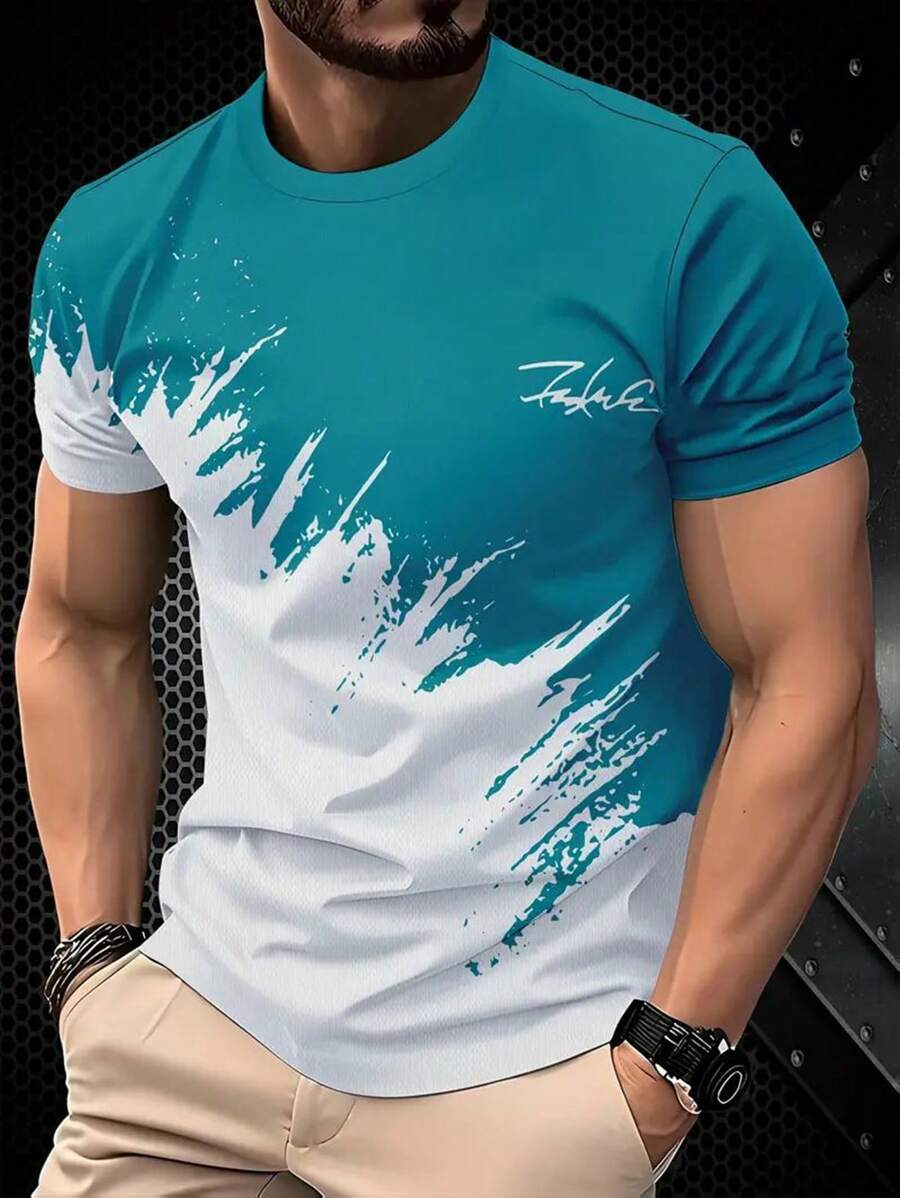 Camiseta gráfica estampada en 3D con bloqueo de color negro y blanco para hombres, vestimenta casual de verano para exteriores (Medio Oriente)