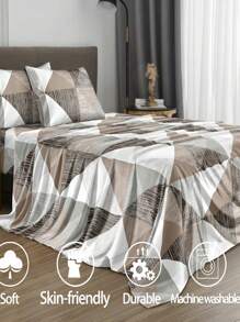 4 Stücke Set mit kamelfarben geometrischem Dreieck Vintage Boho Muster Bettwäsche-Set, pflegeleichte Mikrofaser, weich, (1 Stück Spannbetttuch, 1 Stück Bettlaken, 2 Kissenbezüge), Spannbetttuch-Set Größe King, Queen, Full, TWIN, bis zu 11.8 Zoll tiefer Gummizug, weich, atmungsaktiv, knitterfrei, besser für den Schlaf, Luxus Hotel Stil, Geschenk für Mutter, Vater, Freund, Studentenwohnheim Bettwäsche, Rückkehr zur Schule Bettwäsche - Kamelfarben - Übersicht 2