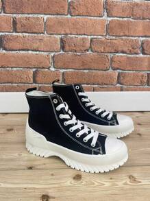 Botte haute pour femme, en canevas, à lacets, confortable, style Bamba, canevas classique, sportive - Noir - Voir 1