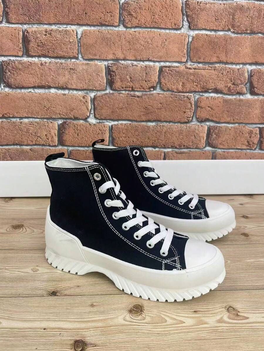 Botte haute pour femme, en canevas, à lacets, confortable, style Bamba, canevas classique, sportive - Noir - Voir 1