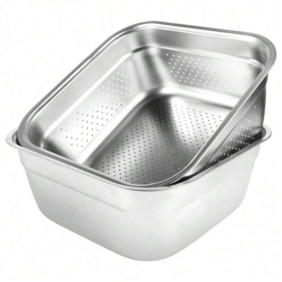 Washing Up Bowl Set, 2-In-1 Washing Up Bowl & Strainer Bowl, Stainless Steel Dish Tub With Colander, For Washing Rice And Draining, Vegetable And Fruit Food Preparation (Medium) - Large - View 1