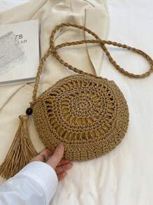 1 件夏季 2025 新款休闲百搭草编斜挎包，半圆形带木珠，手工编织纸绳镂空设计流苏沙滩包，适合度假、旅行和日常购物 - 卡其色 - 查看 7