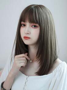 Peruca com franja, cabelo liso, 18 polegadas, marrom natural, para mulheres