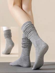 1 par de calcetines deportivos de velour grueso antideslizantes para yoga y pilates, adecuados para deportes en interiores, fitness, running, apilables para pantorrilla, para gimnasio, otoño - Blanco - Ver 15