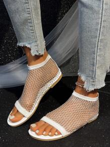 2025 圆头平底镂空水晶凉鞋，大码休闲渔网一脚蹬凉鞋，松紧带，彩色水晶休闲鞋，现货 - 白色 - 查看 7