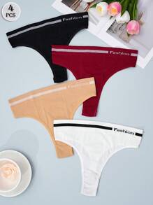 4 条装 女式内裤 字母印花 中腰 黑色 简约舒适 女士丁字裤