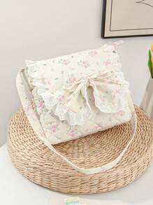 1Piece Cute Bow Floral Cross Body Bag Fashionable Casual Shoulder Bag With Bow Lace Crossbody Tote Bags With Lace Bow Handbags - Hồng - Xem 2