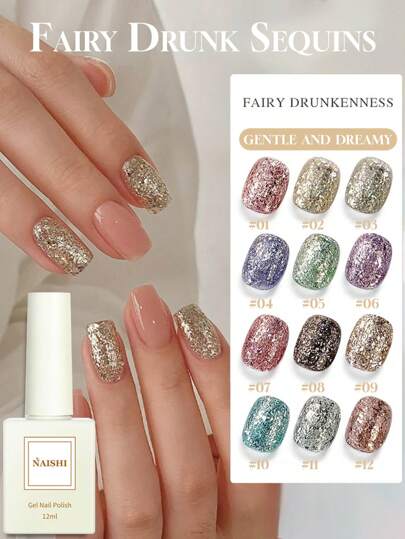 12毫升，12种颜色可选：香槟色、铂金闪粉、星河闪耀指甲油凝胶。2025春夏新品系列，色彩鲜艳，亮泽动人。适用于美甲沙龙、居家使用、购物、约会、通勤和DIY美甲。搭配LED灯、UV底油和封层使用，打造完美亮泽美甲。