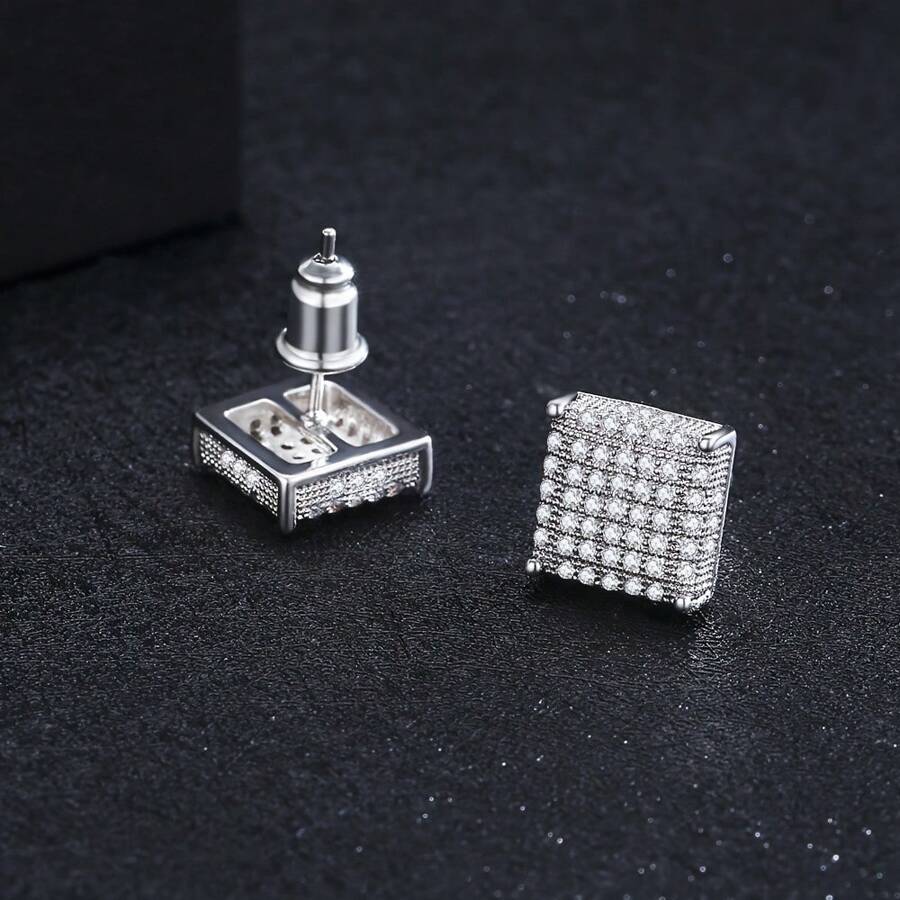 1 Pair Square - Shaped Stud Earrings For Men, Men's Black Fashion Earrings Hip - Hop Style Jewelry - White - View 1