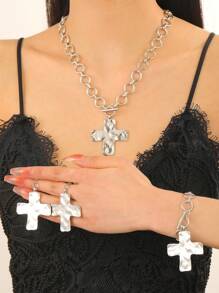 3pcs Set Retro Simple Exaggerated Metal Cross Earrings, Chunky Chain Bracelet, Necklace With Cross Pendant Geometric Circle Hammer Pattern Jewelry Set, Suitable For Women Daily Wear
