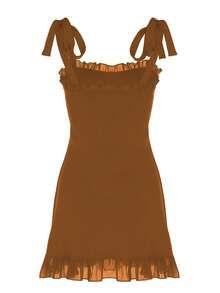 Women Sexy Ruched Solid Bodycon Slip Lace Patchwork Dress Vacation Streetwear Party Spring Summer Clothes - Brown - View 4