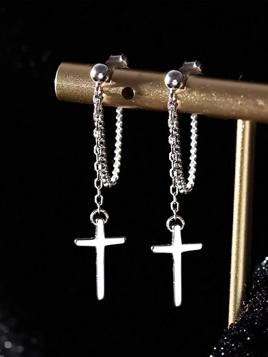 1 Pair Unique High-End Cross Chain Earrings, Cubic Zirconia Stud Earrings, Edgy & Elegant Style, Suitable For Men And Women