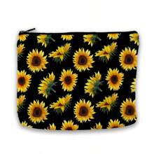 1 pieza Bolsa de maquillaje con estampado de girasol, estuche de cosméticos con flores rojas, blancas y azules, adecuado como regalo de festival