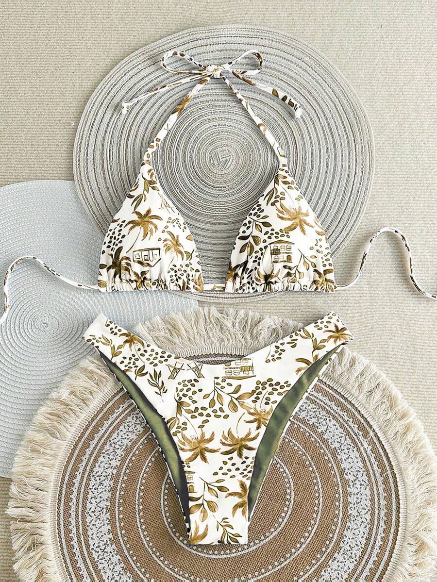 Women's Tropical Print Spaghetti Strap Triangle Bikini 2 Pieces Set, Suitable For Island Vacation And Photography - Multicolor - View 1