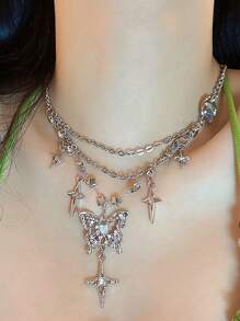 1pc Sweet & Chic Butterfly, Star, Moon Tassel Necklace Women, Multilayer Star Moon Chain Stainless Steel Jewelry - Silver - View 2