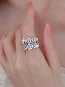 1pc Exquisite Geometric Wide-Banded Cubic Zirconia Open Ring, Suitable For Women's Daily Wear, Wedding, Party, Also Can Be Used As Jewelry Gift - Silver - View 5