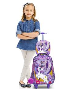 BLING BABIES 3pcs/Set Girls' Rolling Backpack, Cute Cartoon Moon & Unicorn Sequin Design, With Lunch Box & Pencil Case, Suitable For Travel & Commute - Purple - Purple - View 2