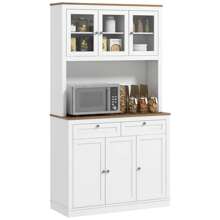 HOMCOM HOMCOM Alacena de Cocina Mueble Auxiliar de Cocina Armario de Cocina con 3 Puertas de Vidrio Compartimento Abierto 2 Cajones y Estantes Ajustables 100x40x180 cm Blanco