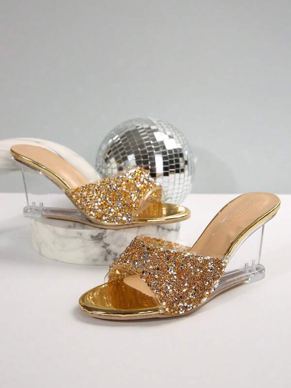 Luxurious Crystal Transparent Heel Sandals, Party Essential High Heels, Sparkly Crystal Design Shines In Summer, Pairs Perfectly With Dresses For Photo Shoots, Elegant Wedge Heeled Sandals For Formal Events