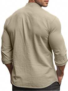 Camisa casual de hombre de cuello mao, corte slim, de lino, para primavera y otoño