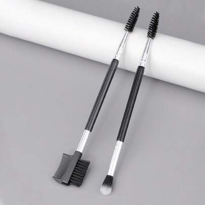 2 Pieces Eyebrow Brush & Eyelash Curler Set With Wooden Handle Comb Portable Dual-Ended Makeup Brush Tool