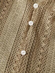 EARO 女式法式 V 领宽松透视镂空长袖衬衫，优雅纹理设计，百搭 - 軍綠色 - 查看 6