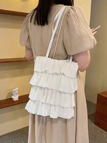 1 Pc White Fabric Casual Fresh Style Foldable Multi-Layer Pleated Open Tote Bag, Large Capacity Suitable For Women In Spring/Summer, College Student School Bag, Teenage Girls Outdoor Shopping Handbag For Phones, Wallets, Lipsticks, Keys, Tissue, Storage Pouch, Fashion Item