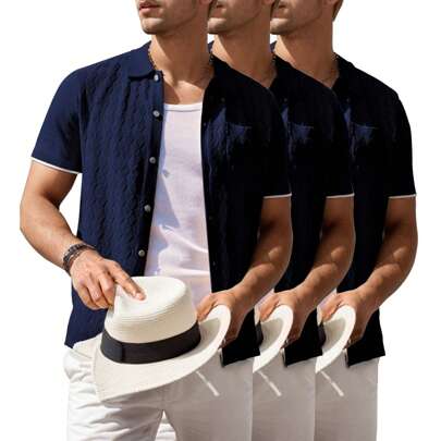 3 Pack Men's Knit Button Shirt Short Sleeve Vintage Polo Shirt Summer Casual Beach Top