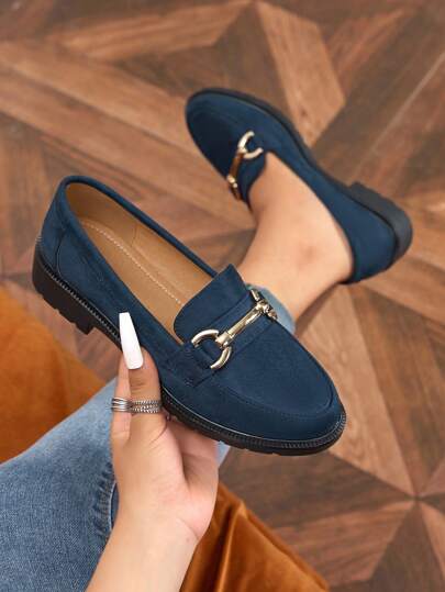 Mocassini  da donna - Scarpe slip-on con suola chunky per look casual, scarpe autunnali blu navy