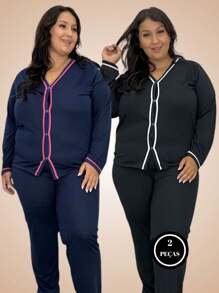 Kit 2 Winter Pajamas Plus Size Long Sleeve Blouse And Pants 50 52 54 56 - Nhiều màu - Xem 1