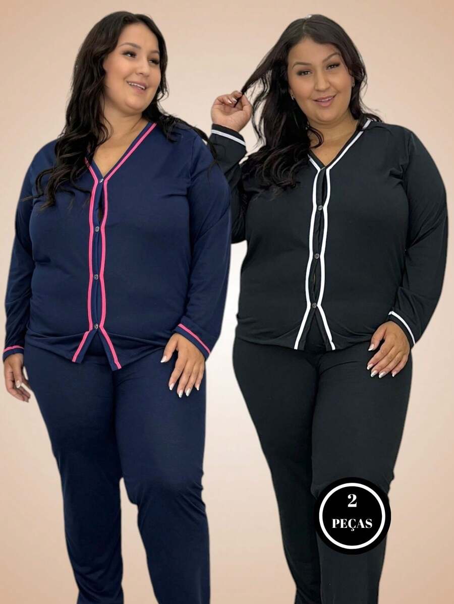 Kit 2 Winter Pajamas Plus Size Long Sleeve Blouse And Pants 50 52 54 56 - Nhiều màu - Xem 1